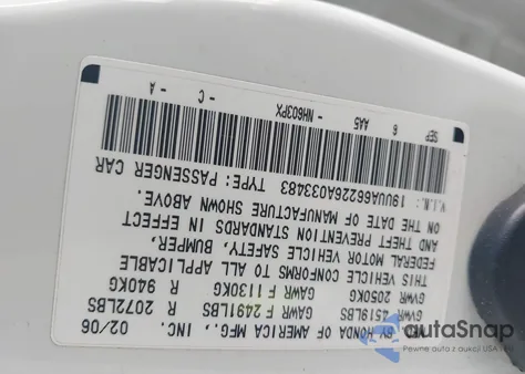 2006 Acura Tl z USA, uszkodzony, nr VIN 19UUA66226A033483